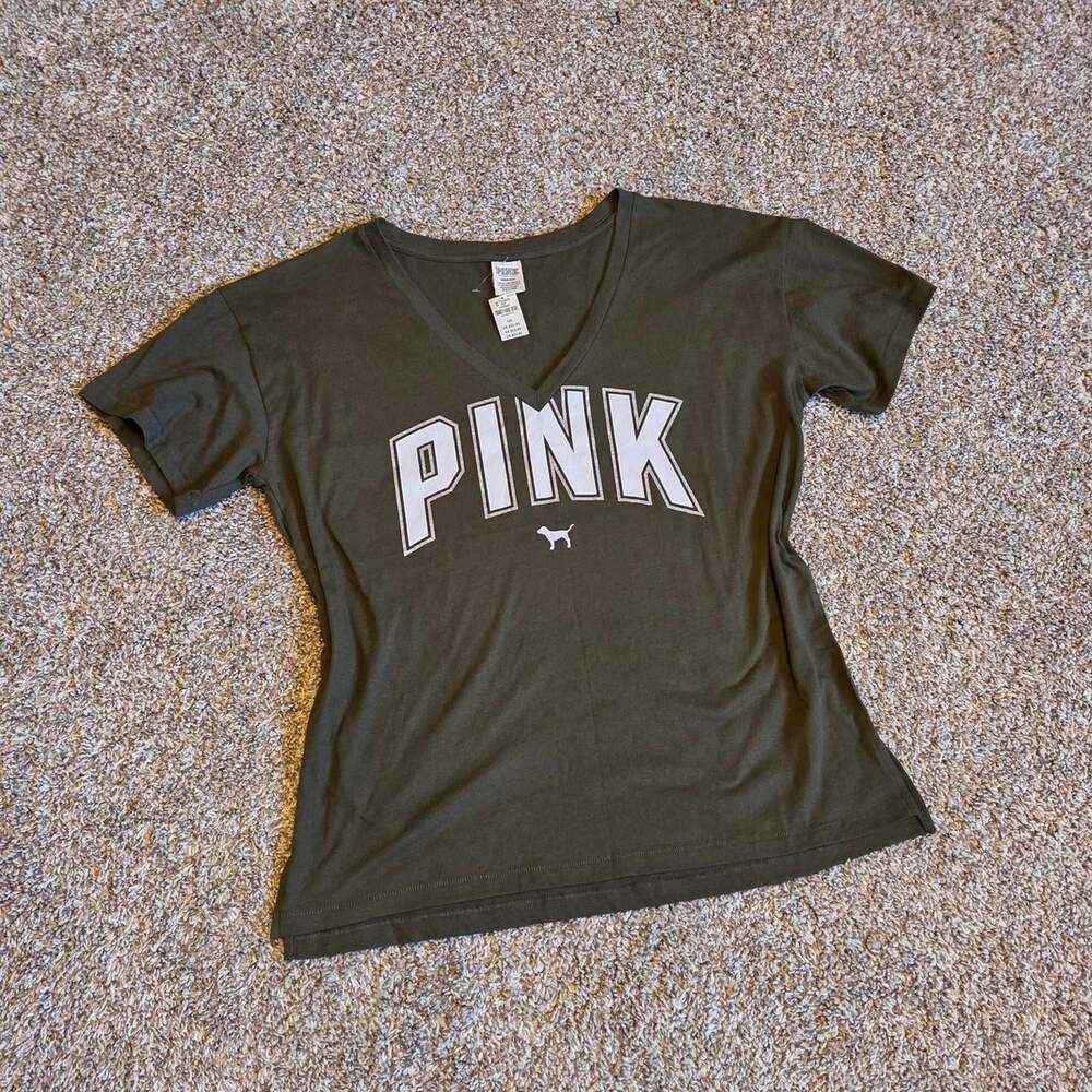 Victoria's Secret PINK Women's Green and Silver T-shirt